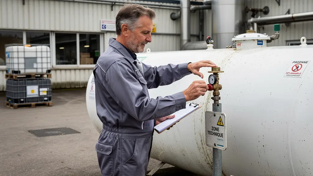 Technicien inspectant une citerne propane professionnelle dans une cour d'usine agroalimentaire