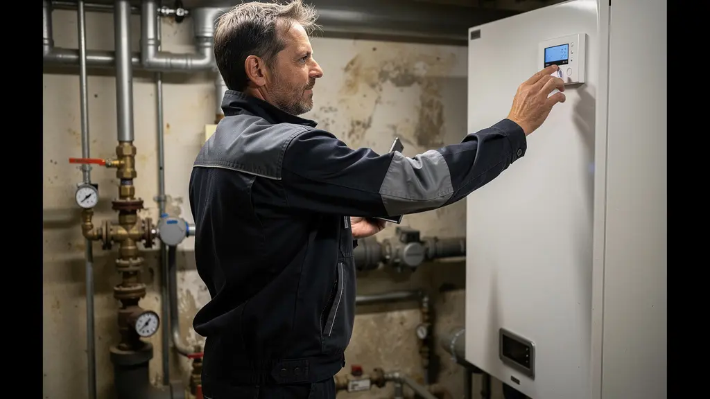 Technicien chauffagiste ajustant un thermostat dans un local technique industriel