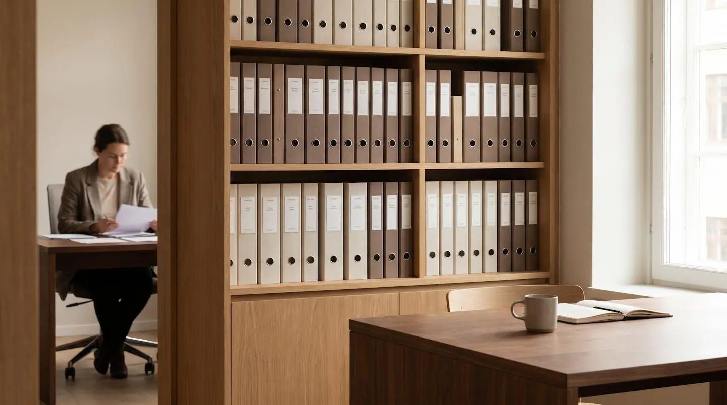 Espace de travail professionnel avec bibliothèque murale en bois clair, bureau dégagé et classeurs organisés par couleur