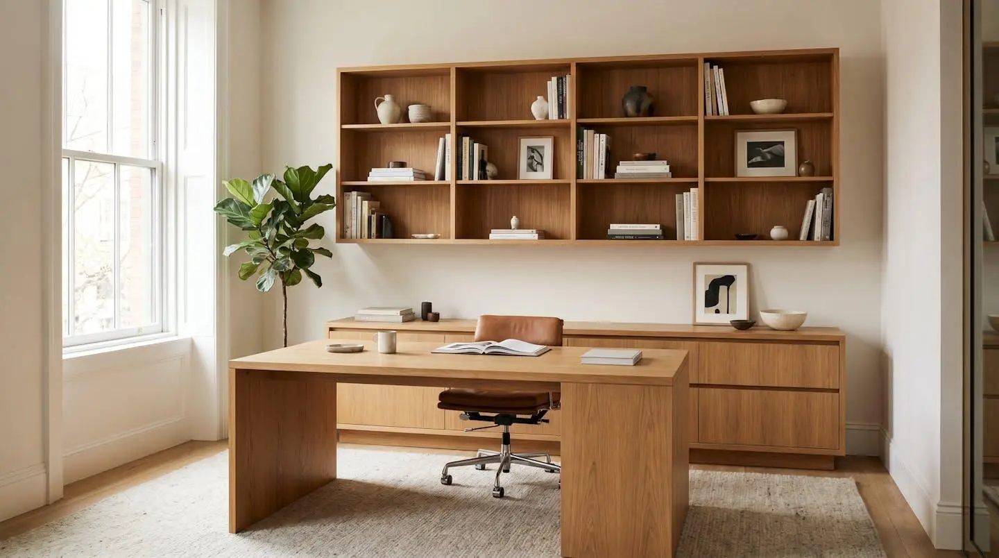 Vue d'ensemble d'un bureau professionnel où la bibliothèque murale, le bureau et les rangements partagent une même finition chêne clair harmonieuse