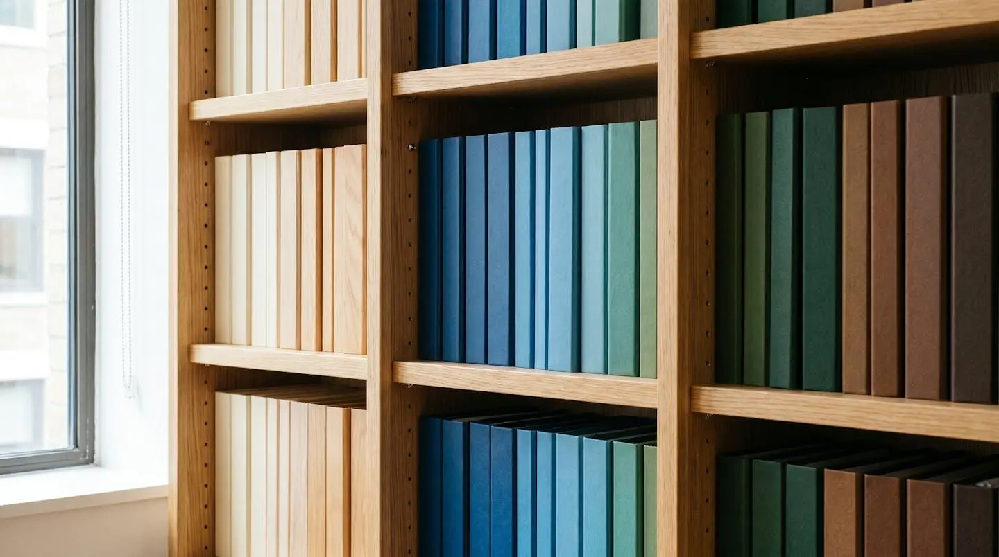 Gros plan sur des tablettes en bois réglables d'une bibliothèque de bureau, chargées de classeurs colorés organisés par catégorie