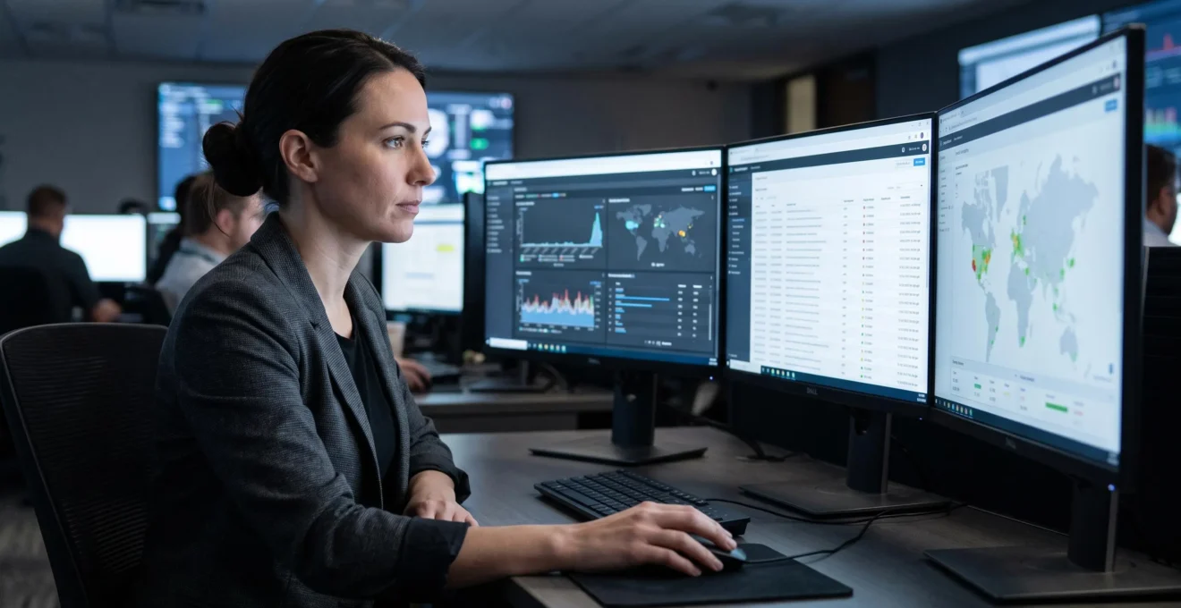 Analyste SOC concentrée devant trois écrans de monitoring affichant des tableaux de bord de sécurité et des alertes réseau en temps réel