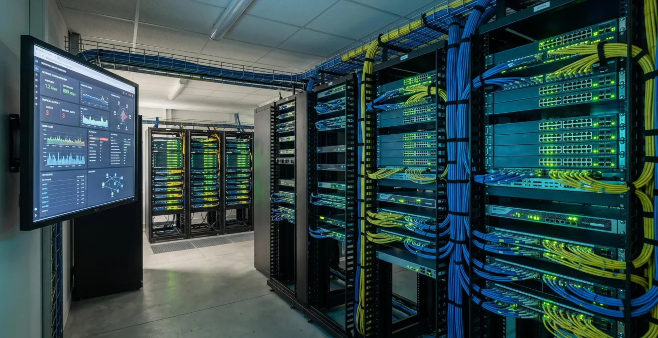 Salle de serveurs professionnelle avec baies réseau ouvertes, câblage structuré et écran de monitoring affichant des flux SIEM en temps réel