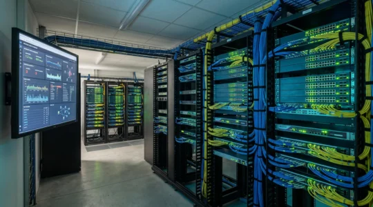 Salle de serveurs professionnelle avec baies réseau ouvertes, câblage structuré et écran de monitoring affichant des flux SIEM en temps réel