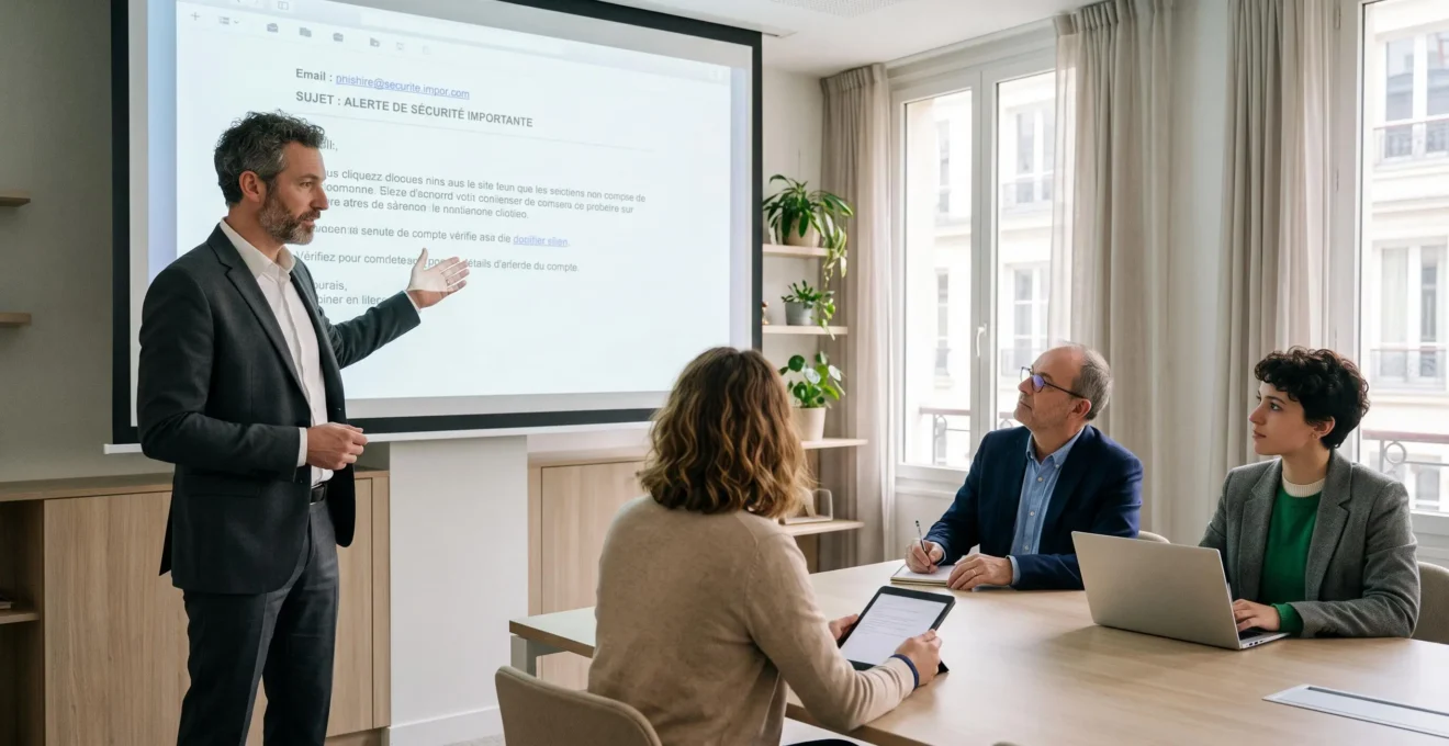Session de formation cybersécurité en entreprise avec formateur présentant un exemple d'email de phishing à des collaborateurs attentifs