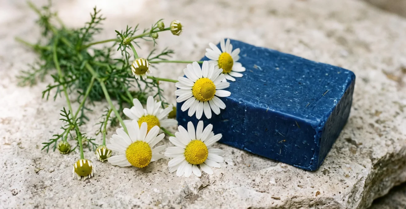 Fleurs de camomille fraîches disposées à côté d'un shampoing bleu solide sur une surface en pierre naturelle