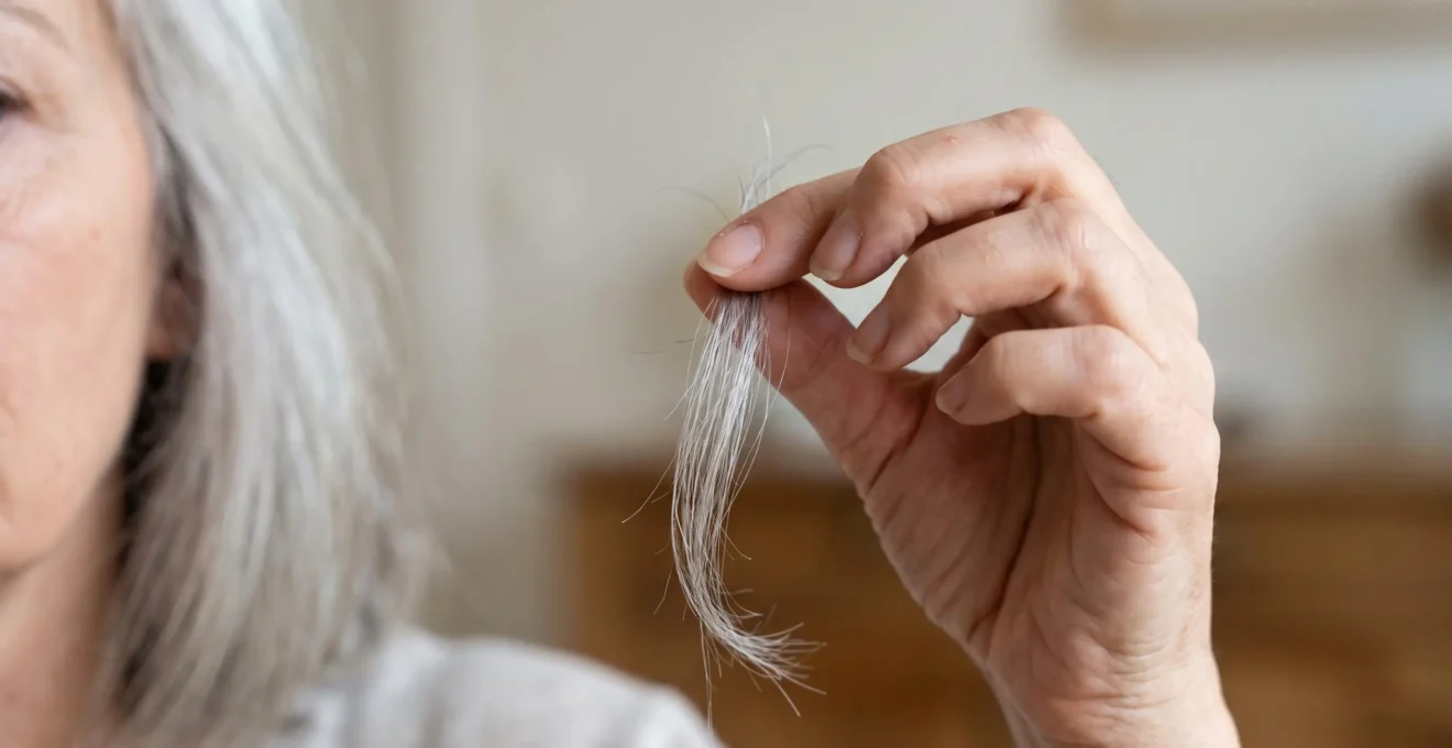Main examinant de près une mèche de cheveux gris et blancs naturels