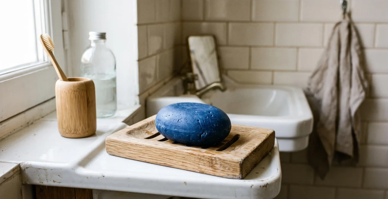 Shampoing bleu solide en forme de galet posé sur un porte-savon en bois dans une salle de bain zéro-déchet