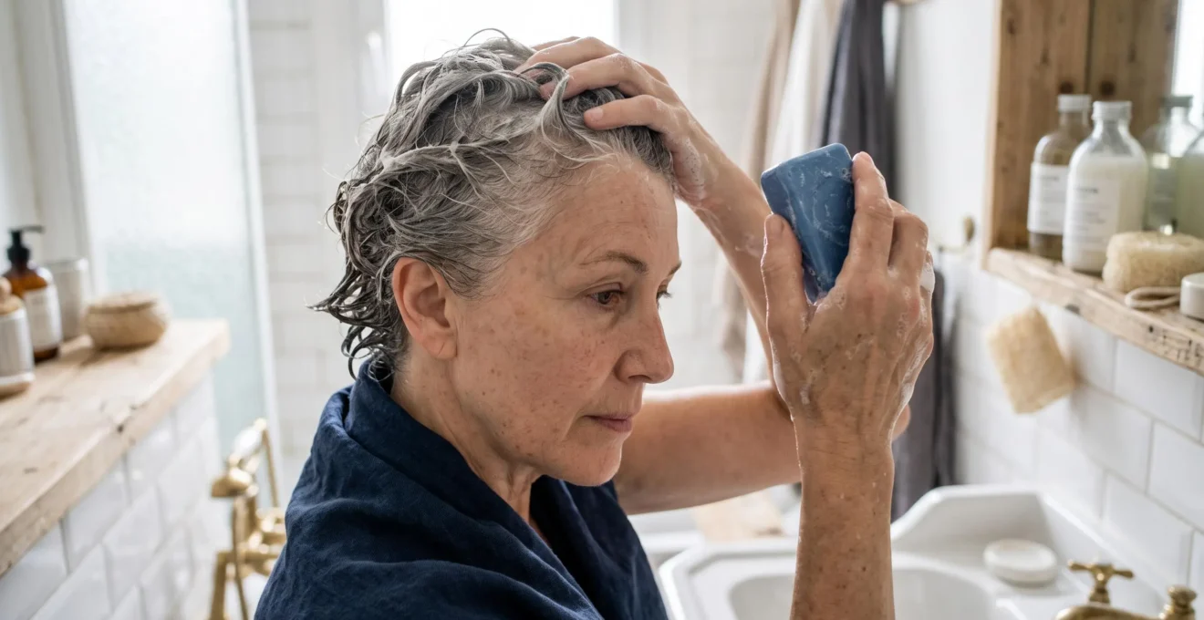 Femme aux cheveux blancs et gris utilisant un shampoing bleu solide dans une salle de bain naturelle