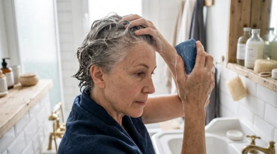 Femme aux cheveux blancs et gris utilisant un shampoing bleu solide dans une salle de bain naturelle