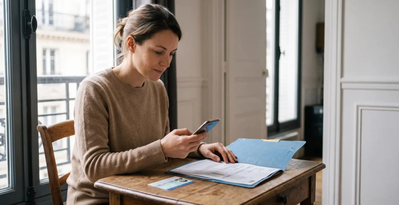 Une femme photographie avec son smartphone sa carte d'identité posée sur une table, lors d'une ouverture de compte bancaire en ligne à domicile.