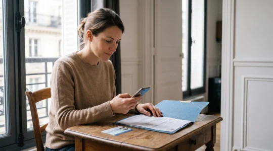 Une femme photographie avec son smartphone sa carte d'identité posée sur une table, lors d'une ouverture de compte bancaire en ligne à domicile.