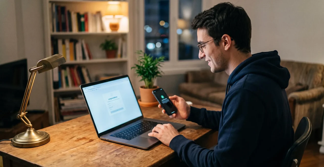Un jeune homme valide la dernière étape d'une souscription de compte bancaire en ligne sur un ordinateur portable, un smartphone à la main.