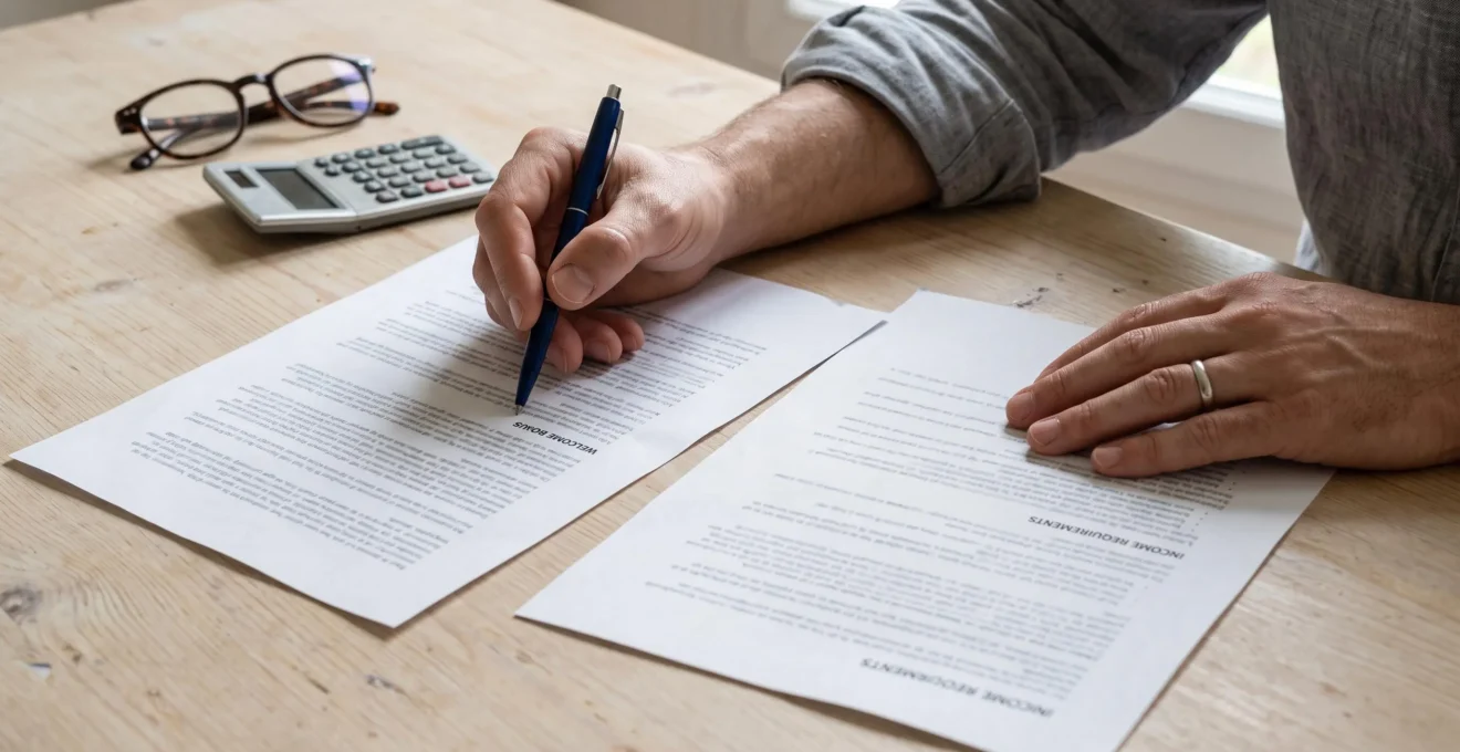 Deux mains comparent avec un stylo deux documents d'offres bancaires imprimés posés sur un bureau, à côté d'une calculatrice.