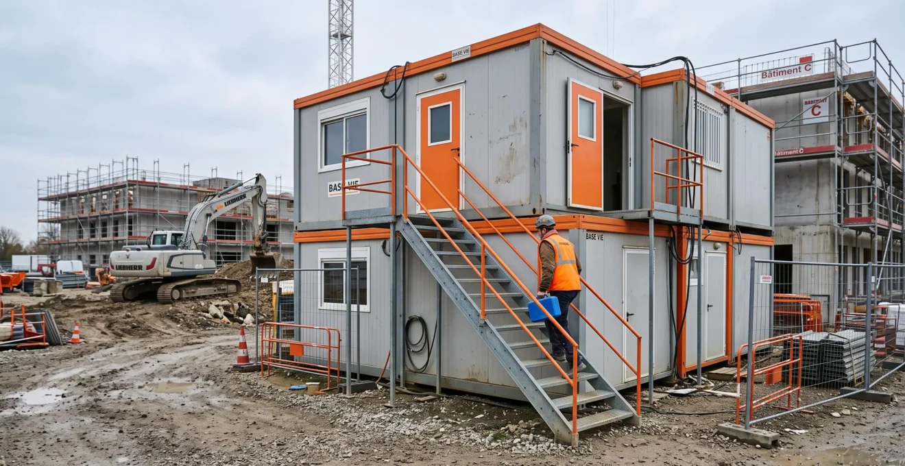 Un ouvrier se dirige vers une base de vie modulaire installée sur un chantier.