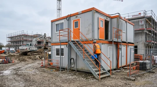Un ouvrier se dirige vers une base de vie modulaire installée sur un chantier.