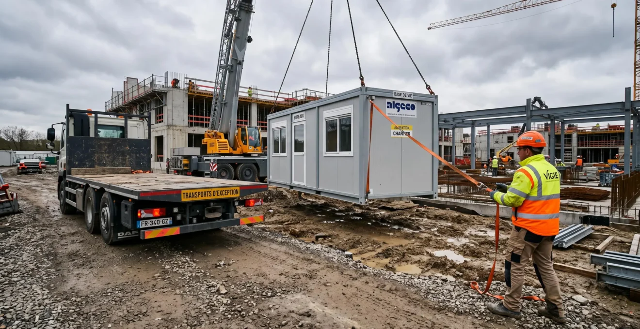Un grutier guide la livraison d'un module de base de vie sur un chantier.