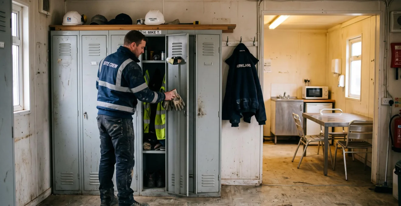 Un compagnon range ses gants dans un vestiaire de base de vie de chantier.